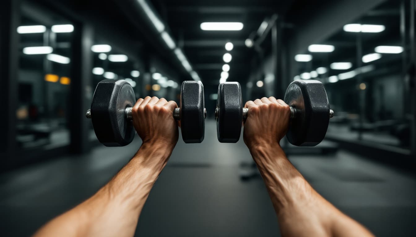 AI generated: POV first-person,  I am lifting dumbbells in a gym. Only my hands (holding the dumbbells professiona...