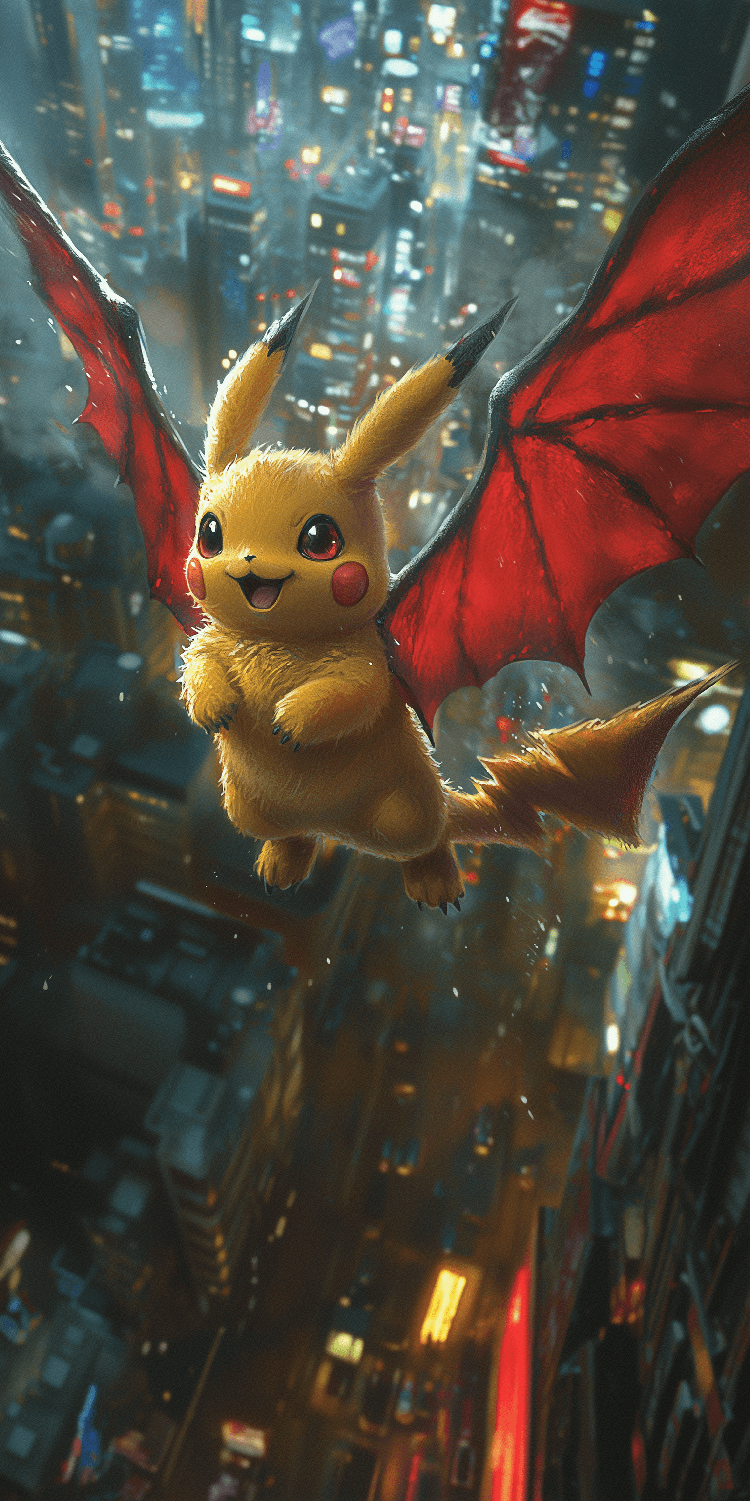 AI generated: Pikachu with dragon wings flying over the city, realistic fantasy artwork style, yellow and red colo...