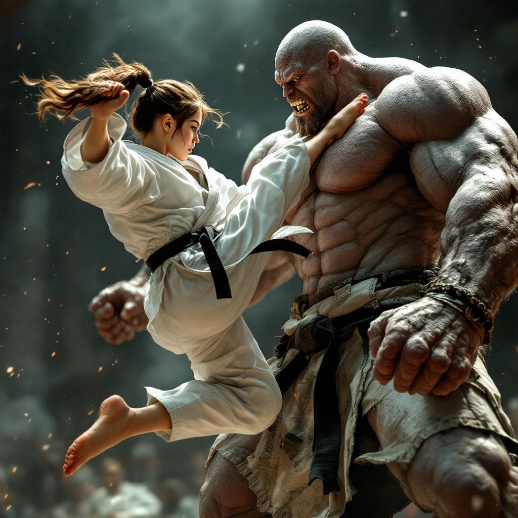 AI generated: A hyper-detailed, cinematic action shot of a girl (brown hair, black belt, white karate gi) in mid-a...