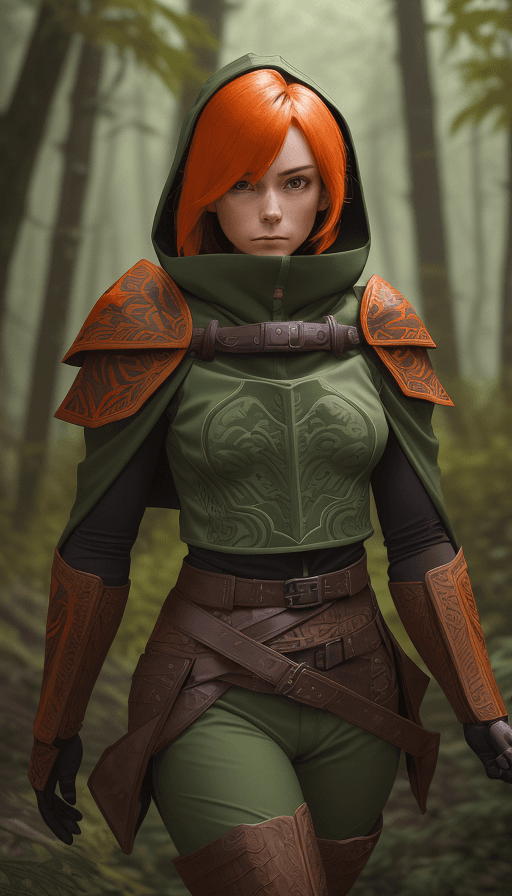 AI generated: female Ranger wearing stealthy green brown orange armor, shoulder pads made from intricate wood carv...