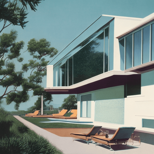 AI generated: Hyper realistic eye level exterior photo of a mid century modern style house overlooking the ocean, ...