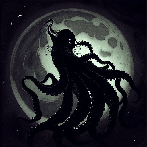 AI generated: a digital illustration of, a giant octopus wrapping its tentacles around the moon, in the darkness o...