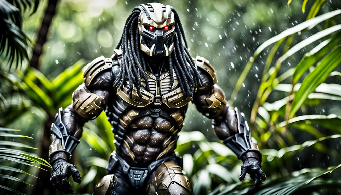 AI generated: 50mm portrait photograph, the iconic highly detailed cinematic rendering of Predator, wet iconic dar...