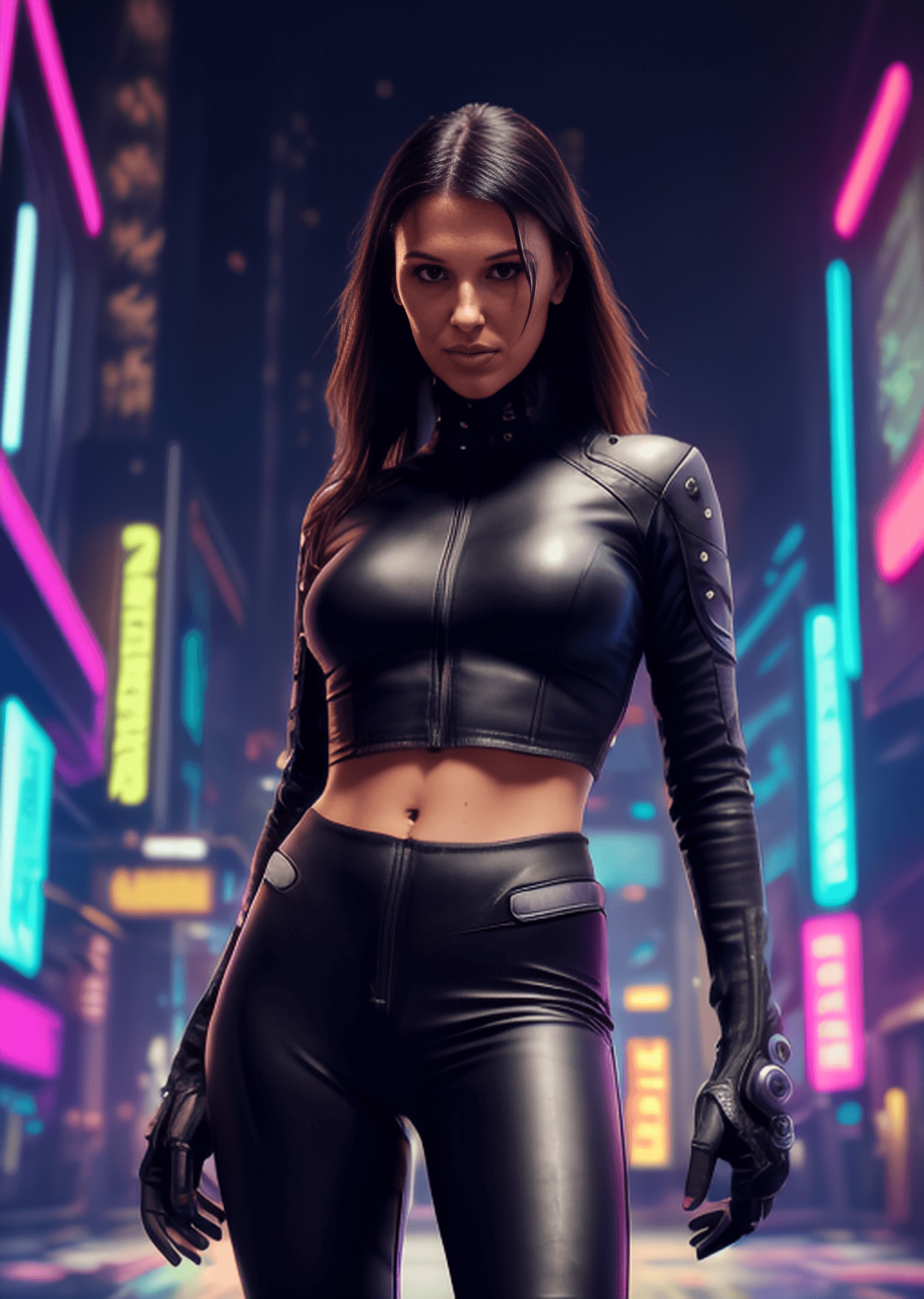 AI generated: (1girl), (full body), (black leather suit with cyberpunk look), (long tight black leather pants:1.4)...