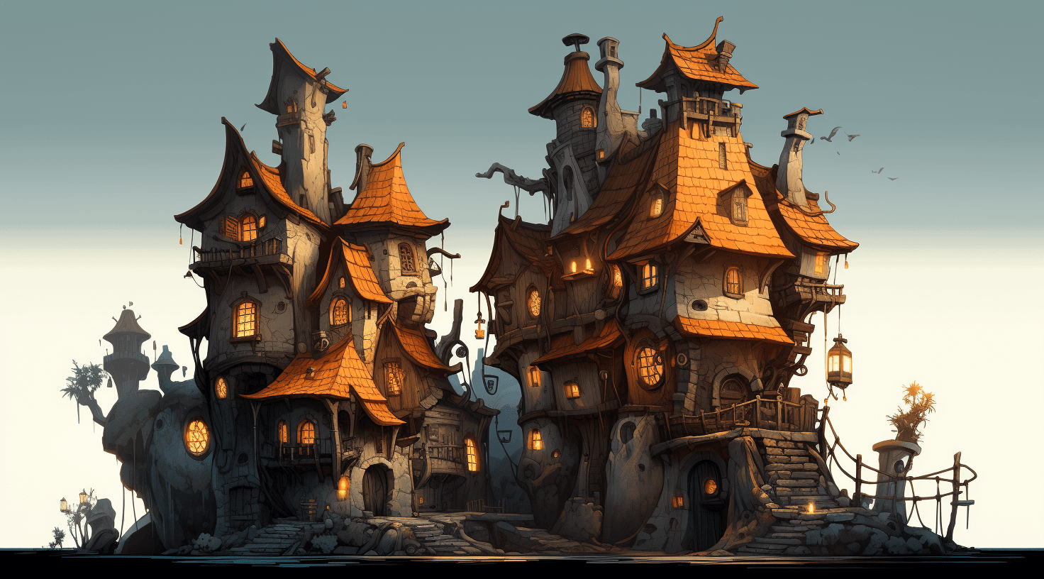 AI generated: a fantasy themed land with an old wooden house, in the style of brian kesinger, light orange and dar...