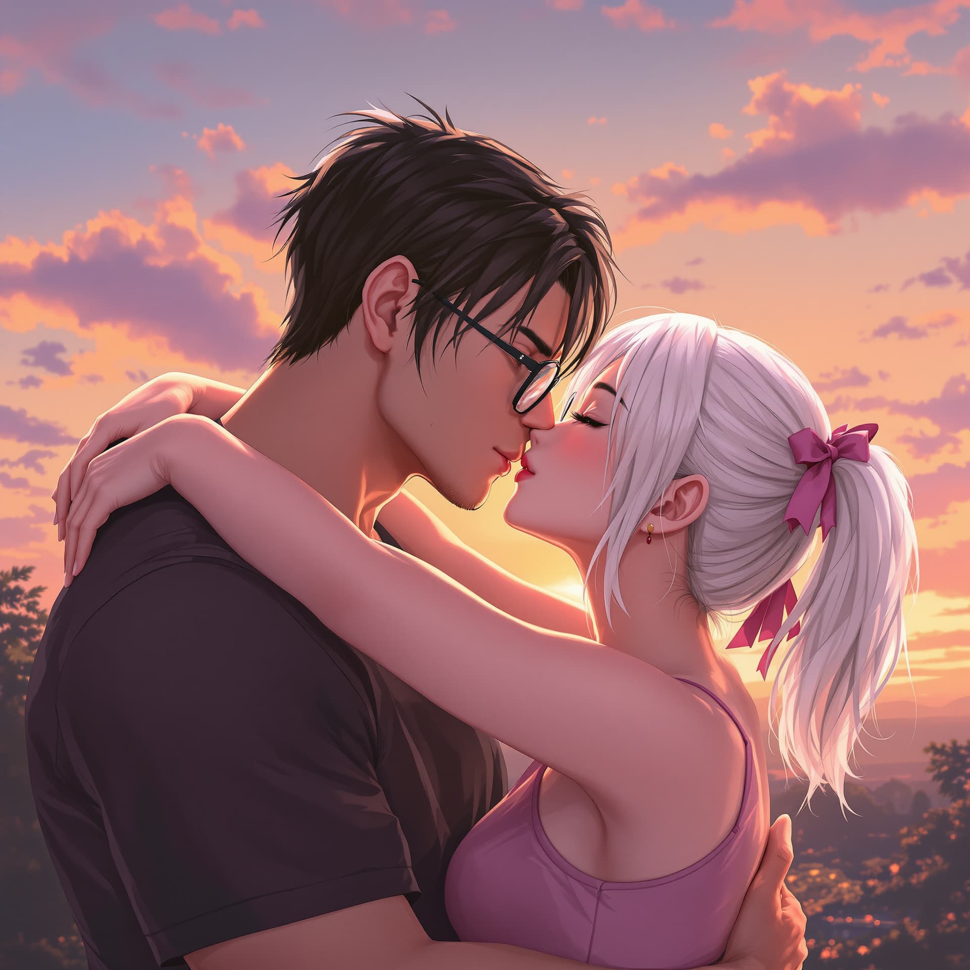 AI generated: 1male, 1female, Female Adult, White Hair that is in pig tail tied with pink ribbons, brownish gold e...