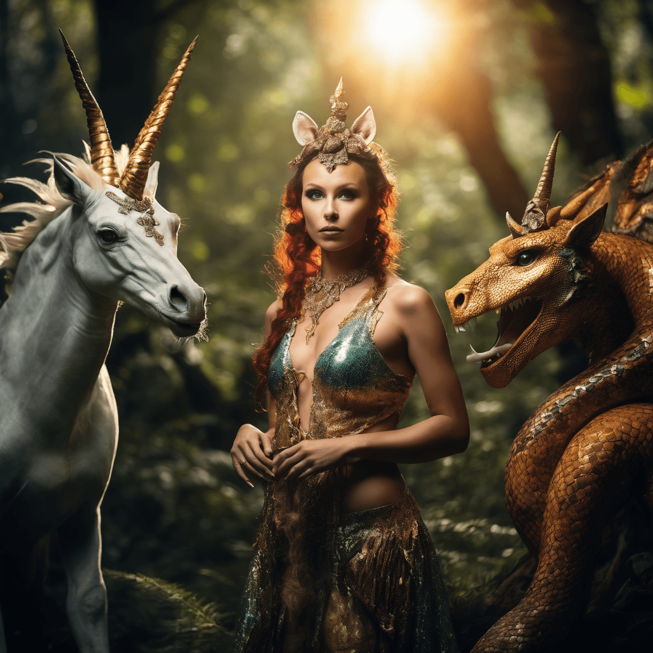 AI generated: close up potrait A fearless 35-year-old mythical beast tamer, adorned with exotic animal companions,...