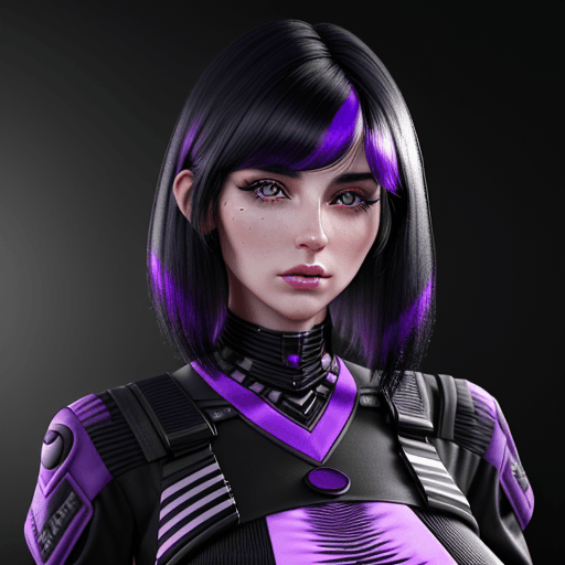 AI generated: Photo of a ultra realistic woman with black hair and violette streaks, 25 years old, in far future, ...
