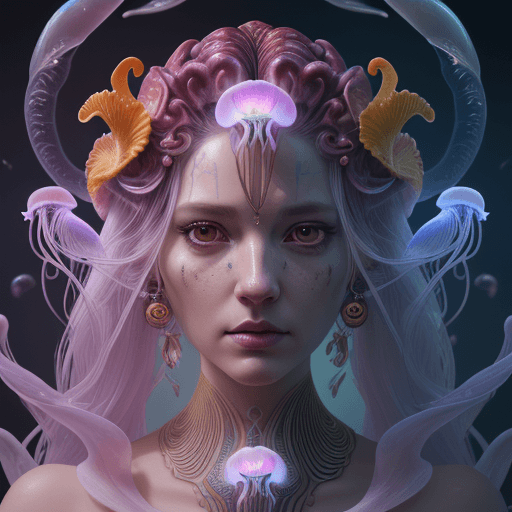 AI generated: Goddess close-up portrait ribcagel. jellyfish phoenix head, nautilus, orchid, skull, betta fish, bio...