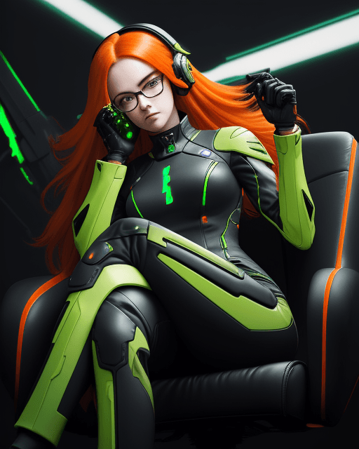 AI generated: Orange long hair, black and green jumpsuit, woman, futuristic tech, glasses, helmet, smug, hypnosis,...