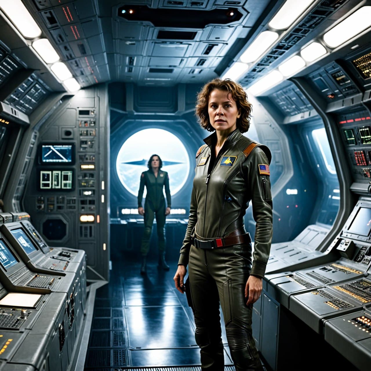 AI generated: epic cinematic 8k wallpaper of Ellen Ripley, from Alien movie, standing in Nostromo space shuttle [i...
