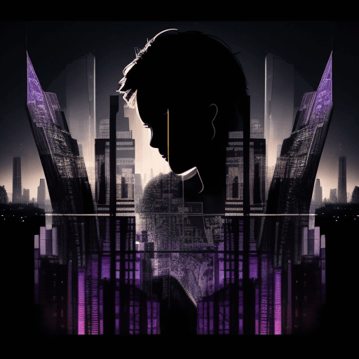 AI generated: double exposure city buildings within saxophone silhouette full portrait" intricate mystical perfect...