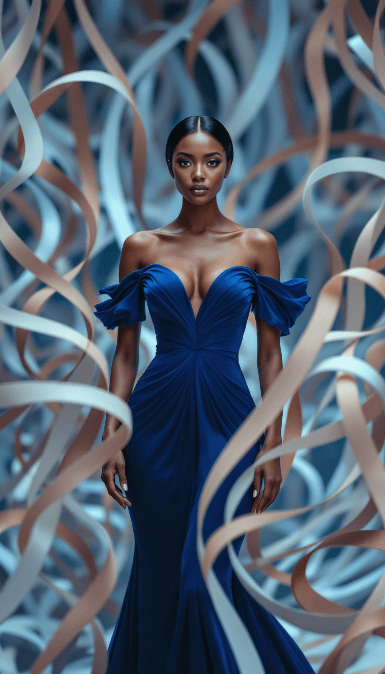AI generated: The image features a woman standing confidently with both hands lightly touching the swirling, ribbo...