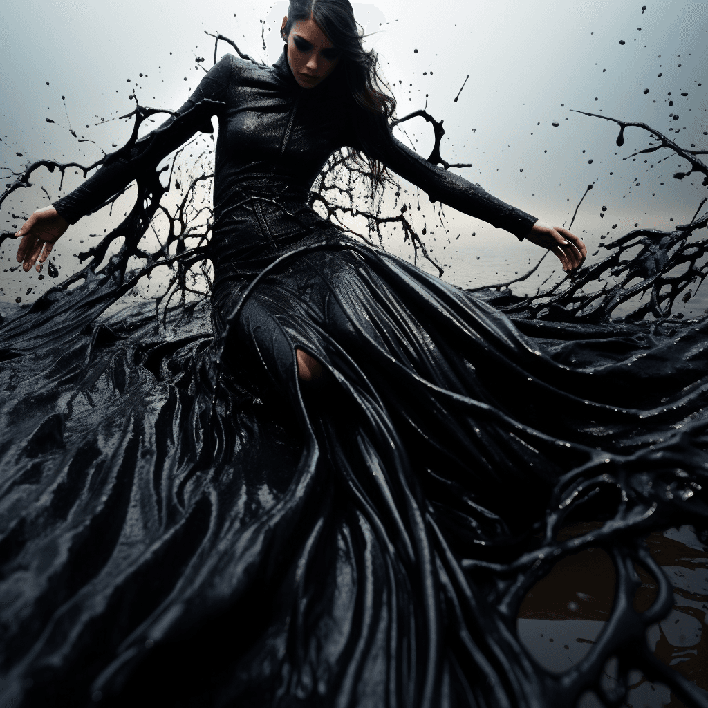 AI generated: **Fashion photograph of a woman wearing a melting black dress. The Fabric of the dress is liquidizin...