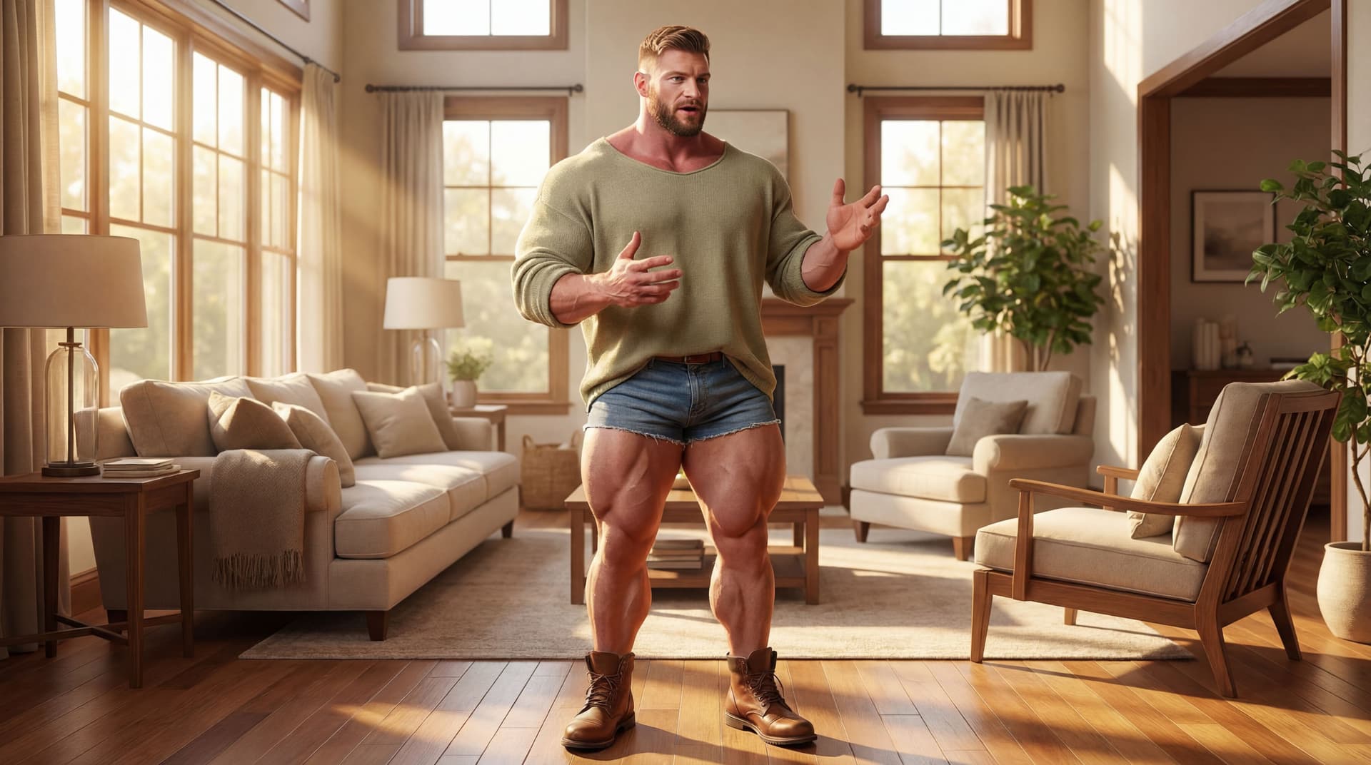 AI generated: At a sunny large living room. The model is standing. The model is a bodybuilder, he has big muscular...