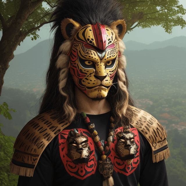 AI generated: man with jaguar warrior helmet mask with jaguar-style and abundant hair, wooden mask, fine wood deta...