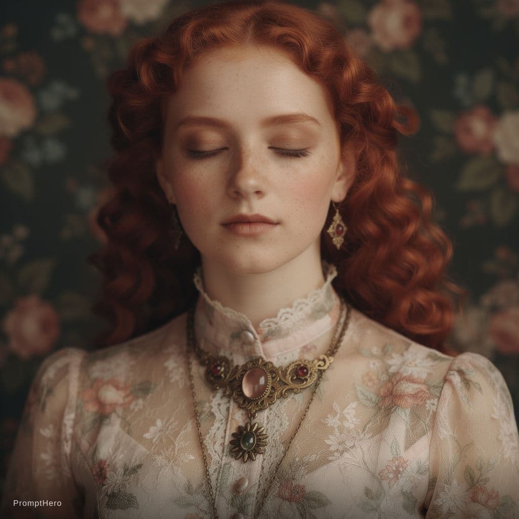 AI generated: A close-up portrait of a woman with curly red hair, eyes closed, and freckled skin, wearing a low-cu...
