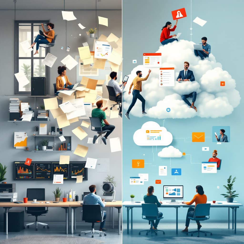 AI generated: A dynamic split-screen image: on one side, a traditional office with paper files and outdated equipm...