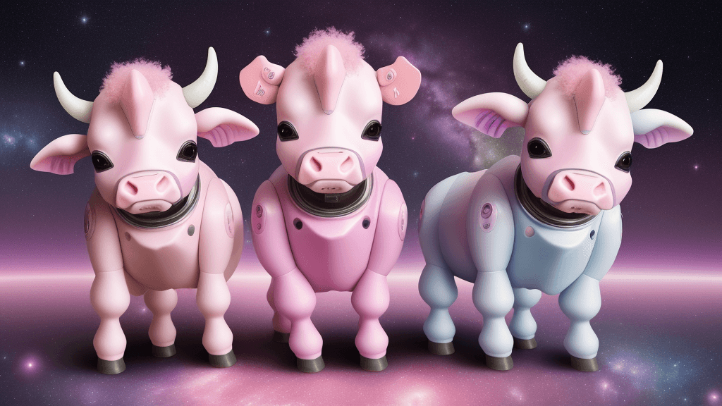 AI generated: cute pink alien cows, outer space, carnival, cyberpunk, pastel purple stars, galaxy, cute pastel cow...