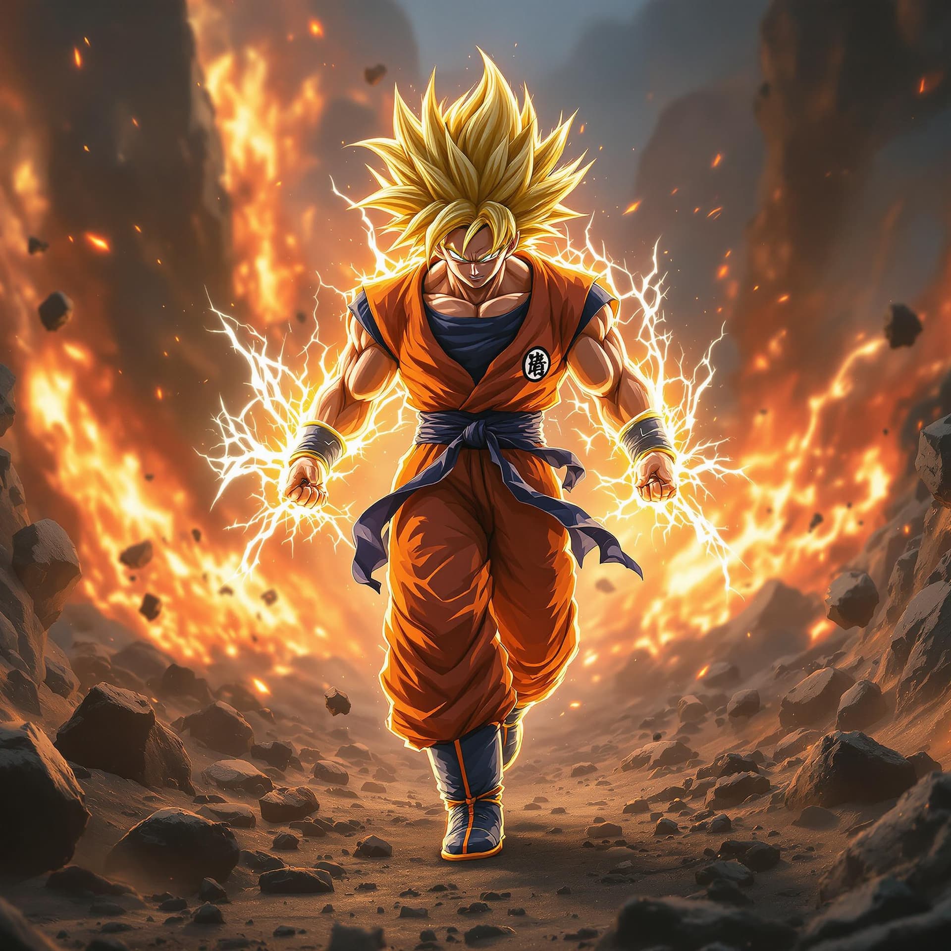 AI generated: realistic anime super saiyan 4 walking forward as the ground is erupting and rocks are flying and el...