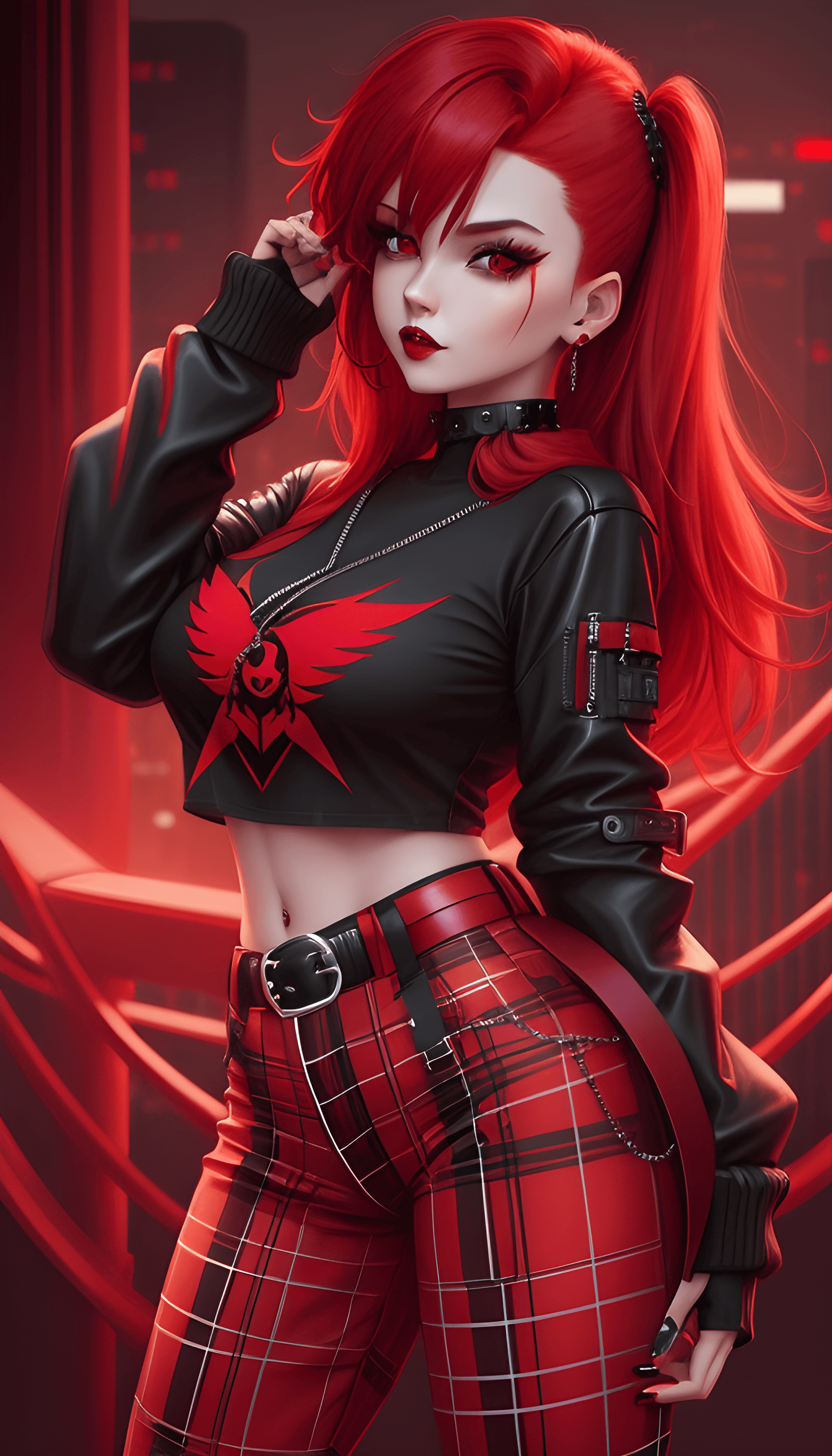 AI generated: a woman with red hair wearing a black top and plaid pants, cyberpunk art, gothic art, aesthetic cute...