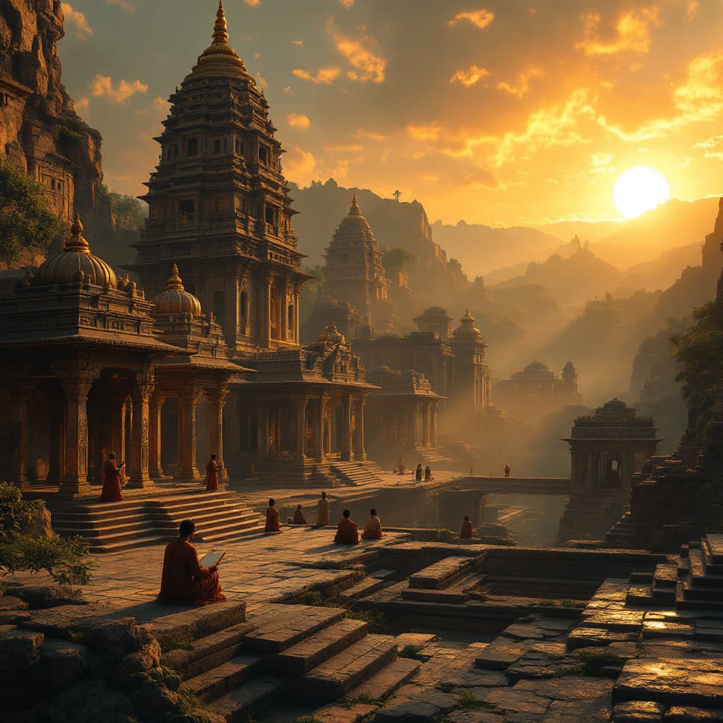 AI generated: A breathtaking, cinematic digital artwork of Ancient India. The scene showcases the majestic Nalanda...
