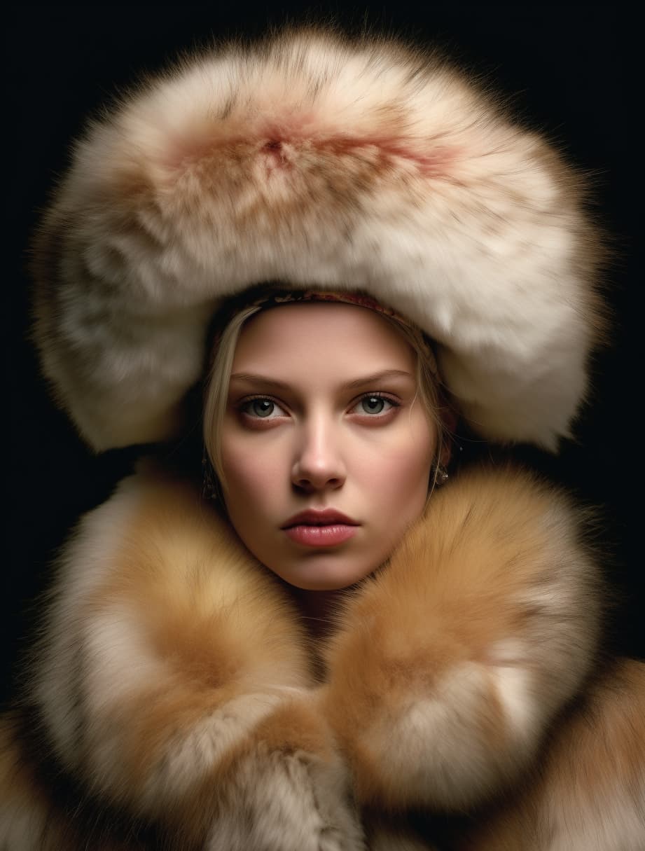 AI generated: Album cover, designed Von Dutch, female portrait in Russian Fur Hat, real photo, fashion week, y2k f...