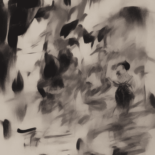 AI generated: china black brush painting, in the style of kazuki takamatsu, loose compositions, théodore géricault...