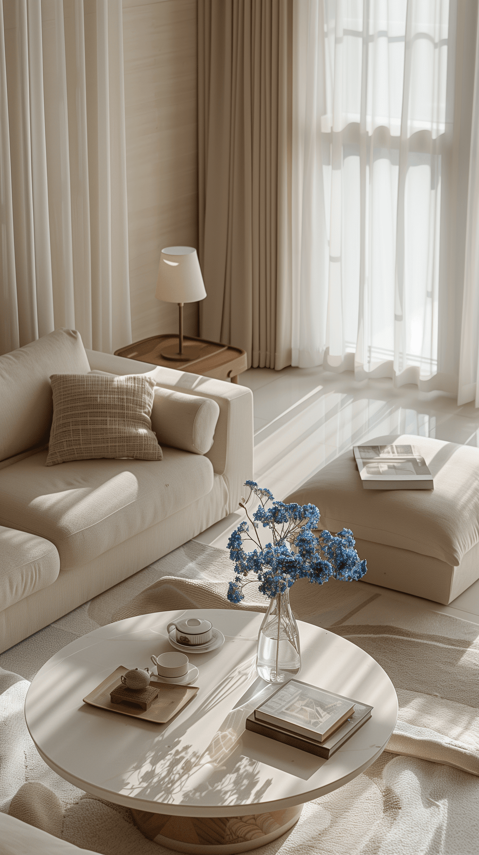 AI generated: photography, aerial shot, apartment living room, color limited to beige, minimalist beige fabric sof...