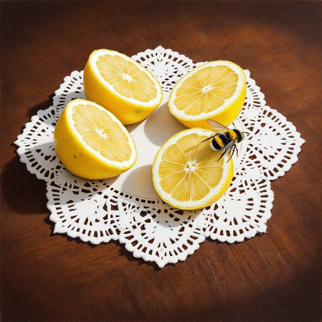 AI generated: hyper realistic illustration of  three sliced lemons ,   on a chalk white doily and with a nearby bu...