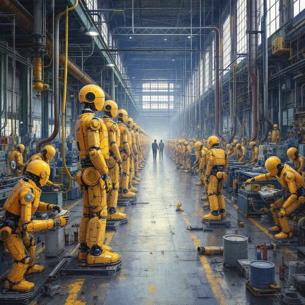 AI generated: detailed oil painting of the inside of an industrial REAL , with many hose's and machinery  people w...
