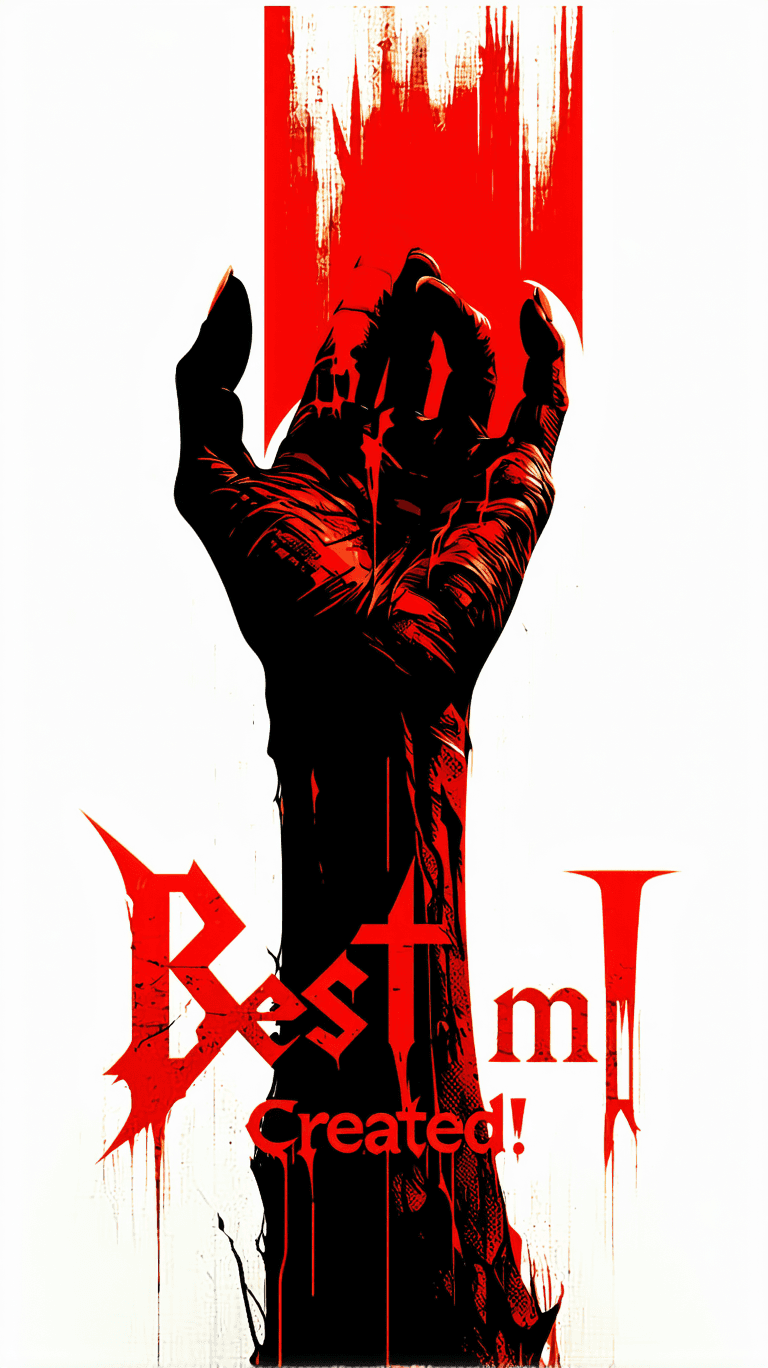 AI generated: Epic scene of a colossal hand supporting a semi-devil sticker design with dramatic 'Best I Created!'...