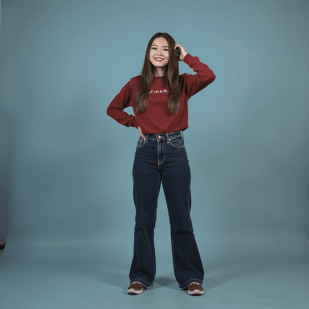AI generated: straight hair
right hand holding hips, left hand holding back of head. standing position, legs wide...