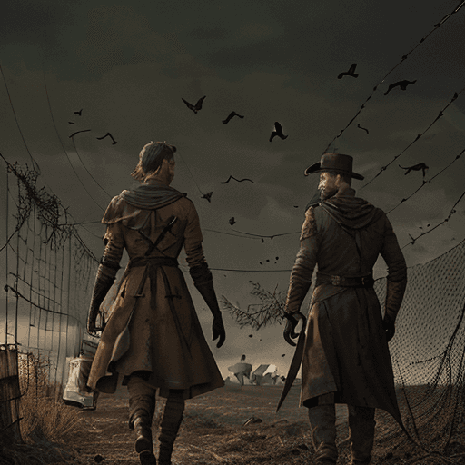 AI generated: crows flying in background and on barbed wire, large ochre colored rustic antique gris-gris bag, mag...
