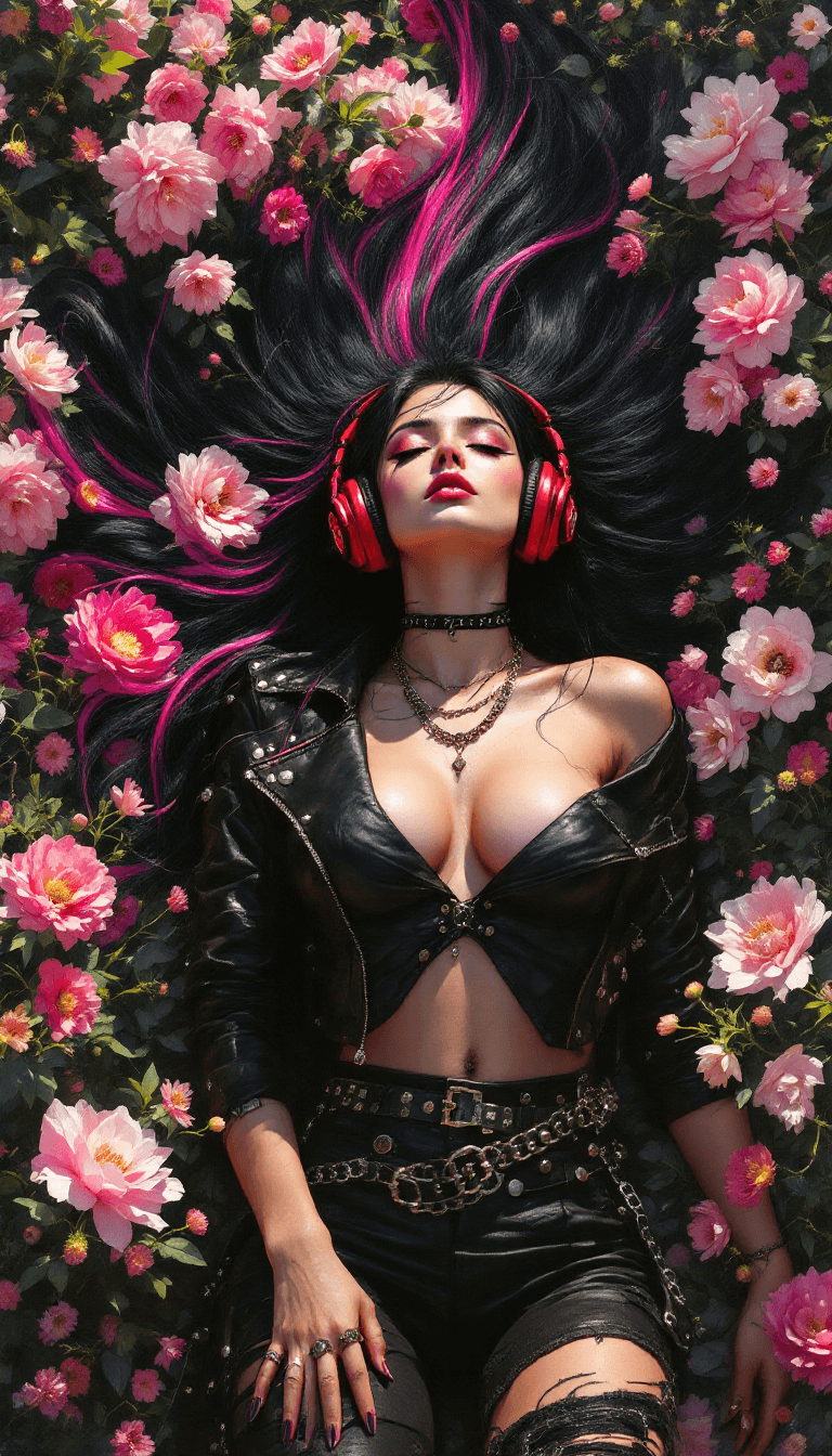 AI generated: A masterpiece oil painting of a beautiful punk rock woman lying face-up in a vibrant, dreamy summer ...