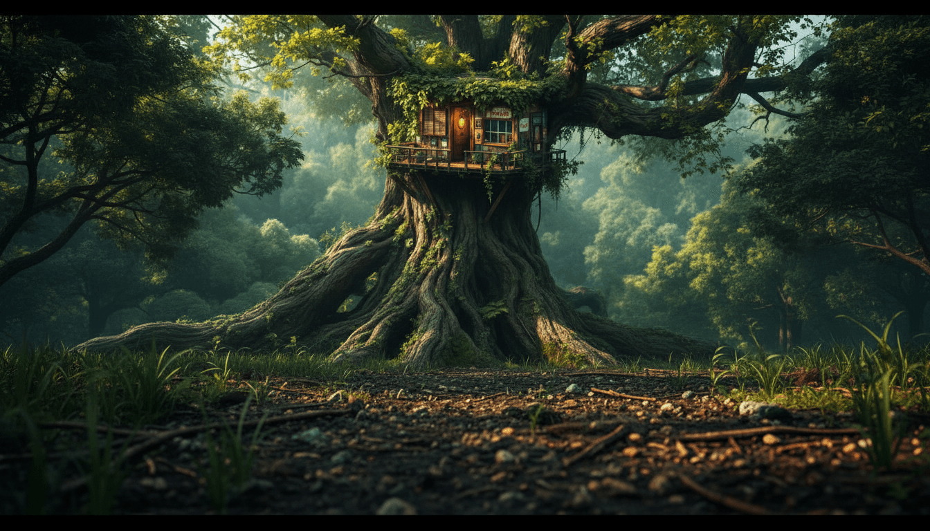 AI generated: Create an ant's point from the ground of view of this treehouse  and the tree.