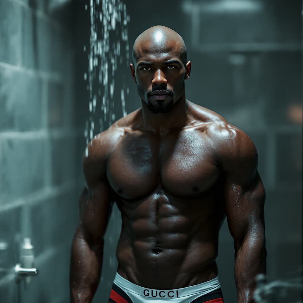 AI generated: black male  with bald head federal agent undercover undressing  in Gucci designer underwear , no shi...
