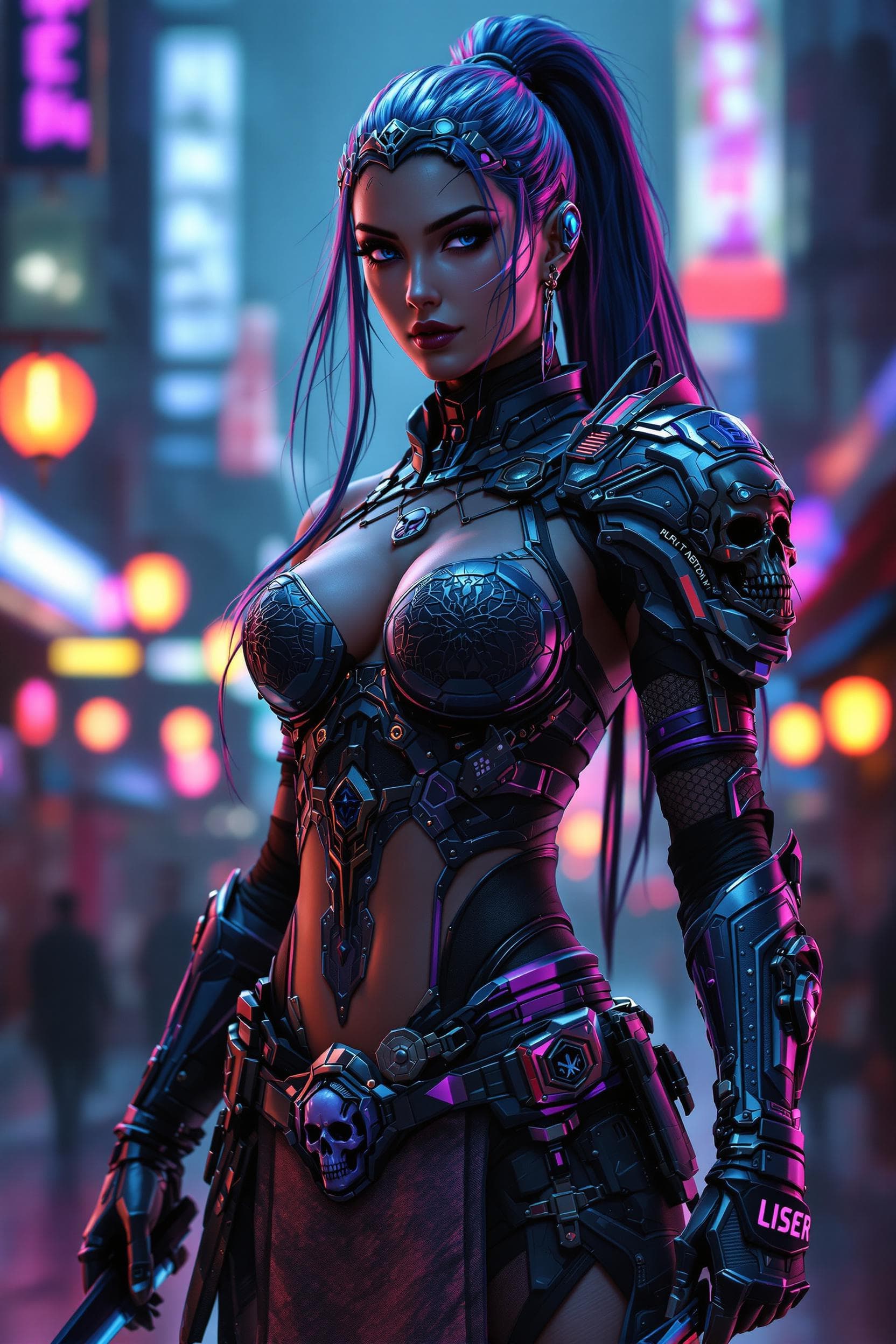 AI generated: Cyberpunk warrior woman, wearing a high-tech armored outfit with intricate patterns and royal engrav...