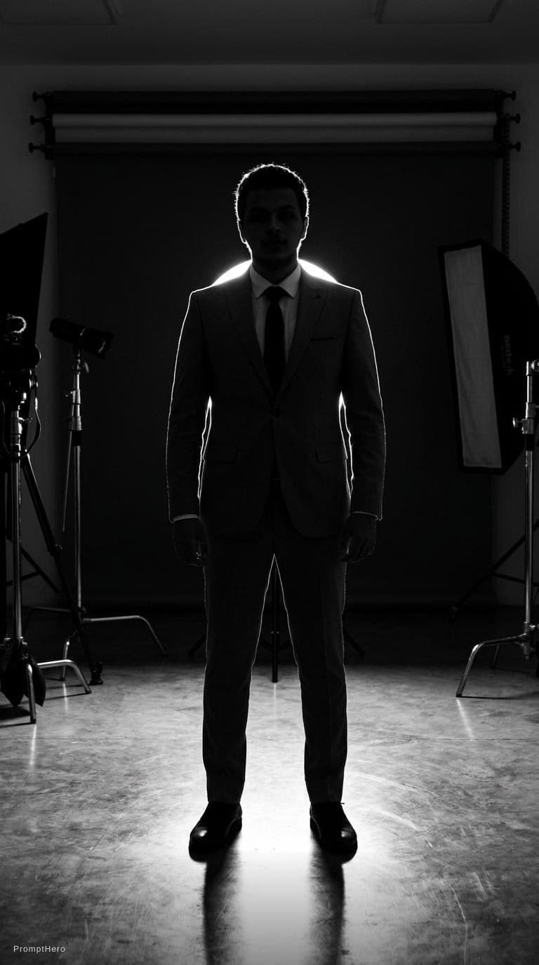 AI generated: Capture a male model's silhouette, white backdrop in photo studio, strong backlit lighting creating ...