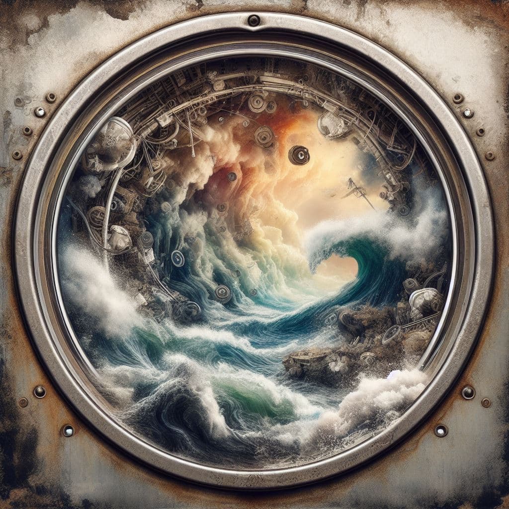 AI generated: mixed media art, dirty laundry, turbulent view from inside a washing machine