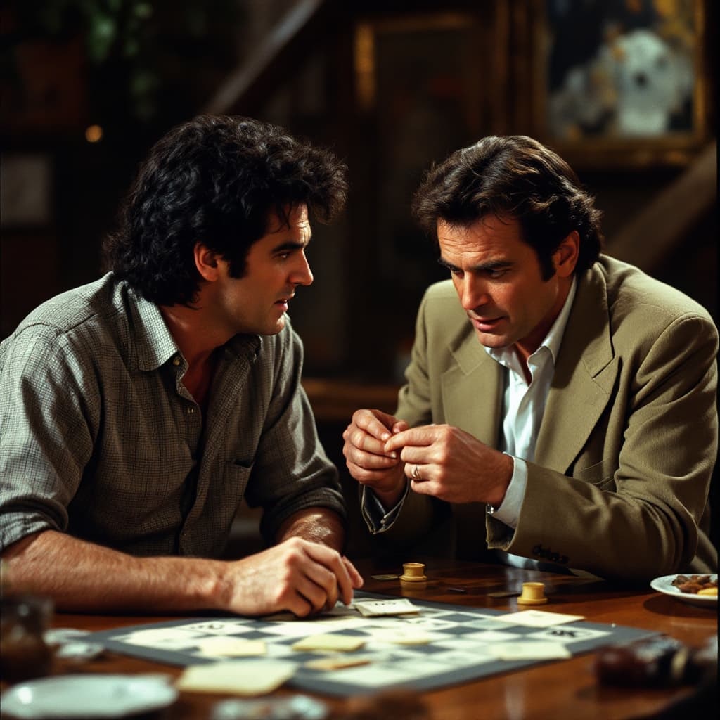 AI generated: jim carrey as ace ventura playing  a  game of clue with peter falk as  the detective columbo is his ...