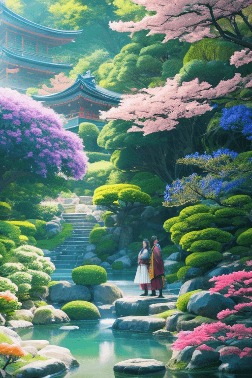 AI generated: beatiiful japanese girl wearing a Kimeno runnig steps up, besides a Samurai, style of Noah Bradley ,...