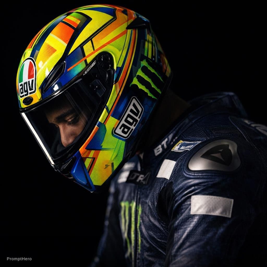 AI generated: A hyper-realistic close-up photograph of a professional motorcycle racer in profile, head bowed slig...