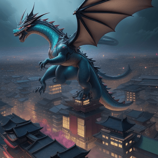 AI generated: Kyoto Animation stylized anime mixed with tradition Chinese artworks~ A dragon flying at modern cybe...