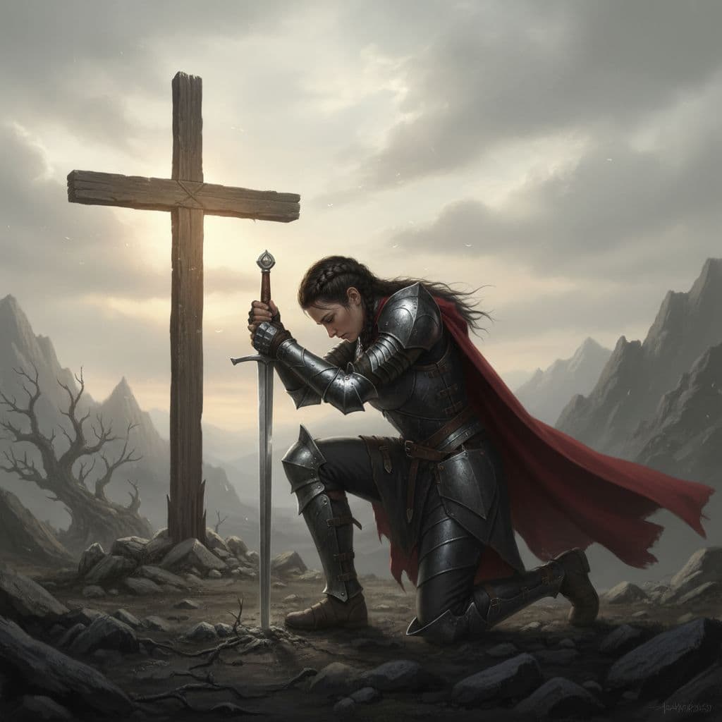 AI generated: dark haired female warrior kneeling with sword before a christian cross
