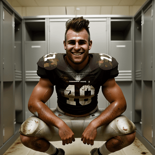 AI generated: grinning rugged caucasian american football player with a brown mohawk, sweaty and muddy, crouching ...