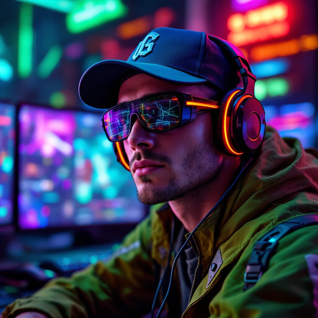 AI generated: A vivid, hyper-realistic portrait of a cutting-edge gamer. He stands in front of a multi-monitor set...