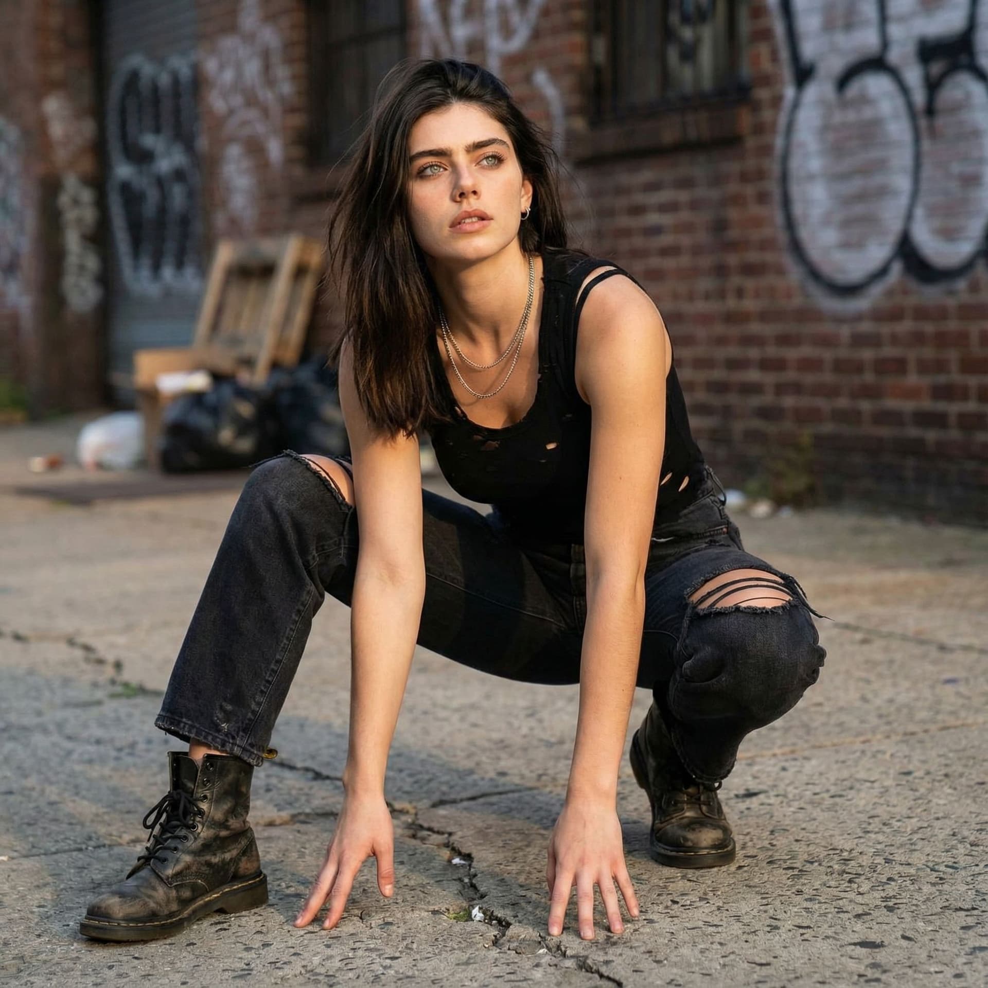 AI generated: photorealistic,ultra highly intricate detailed,professional photo,grunge girl,(full-body),(Crouching...