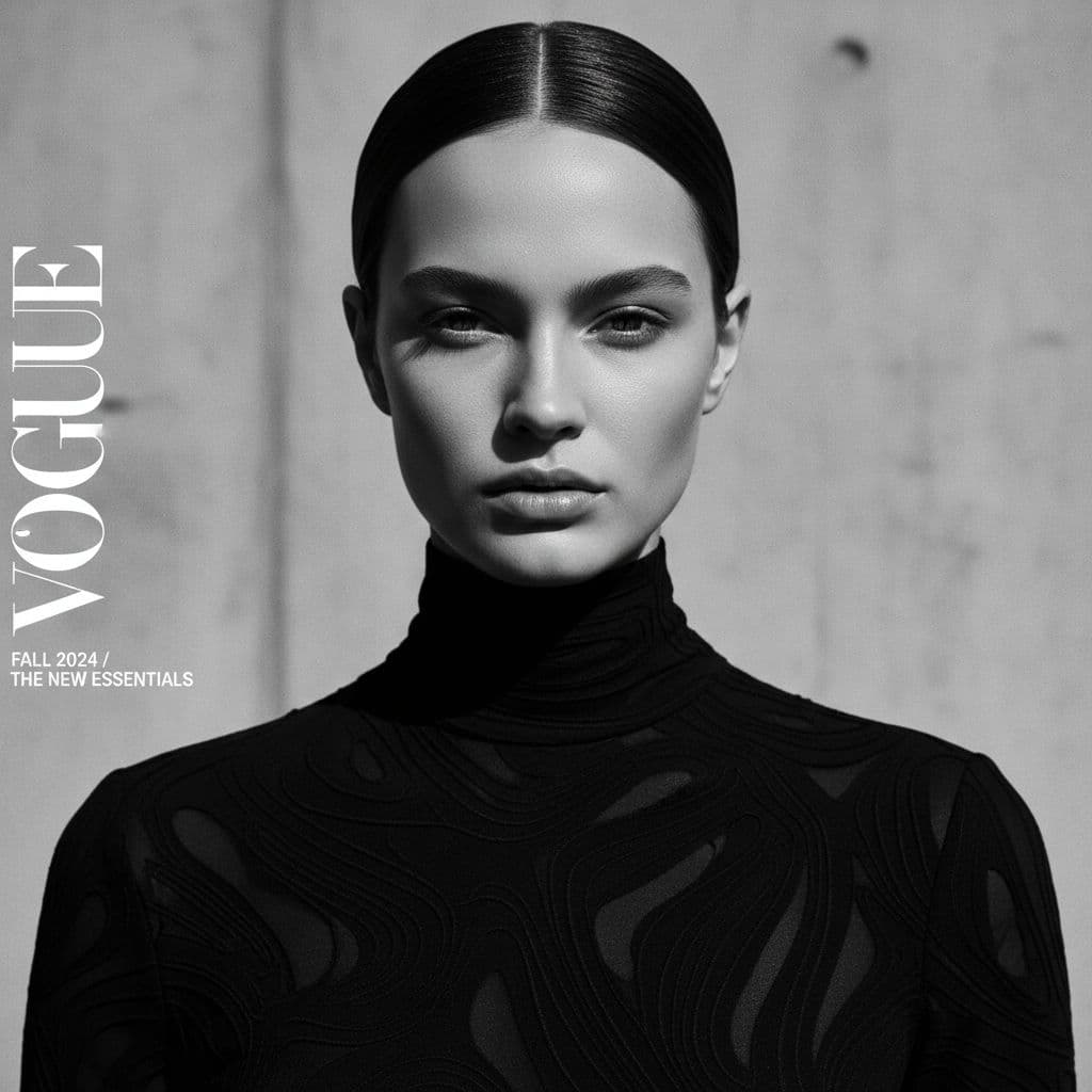 AI generated: fashion photography, cover photo, black and white, female model, facing the camera, shot on Sony A7 ...