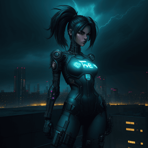 AI generated: Digital artwork, concept art, a cyberpunk girl with Prompt Hero text on her chest, standing on rooft...